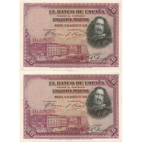 2 Billetes Correlativos de 50 Pesetas del 15 de Agosto de 1928