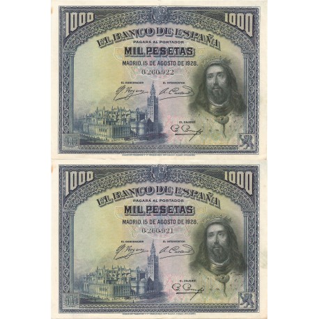2 Billetes Correlativos de 1000 Pesetas del 15 de Agosto de 1928